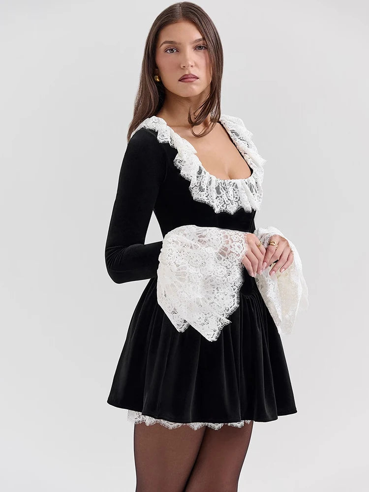 AURELIA BLACK VELVET LACE MINI DRESS