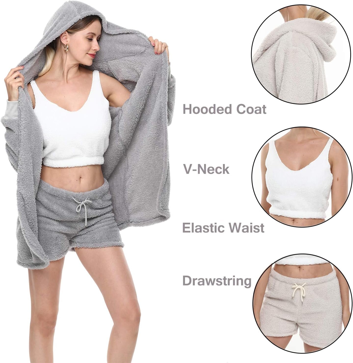 Women'S Fuzzy Fleece Sexy 3 Piece Outfits Pajamas Sherpa Coat Jacket and Spaghetti Strap Crop Top Shorts Set