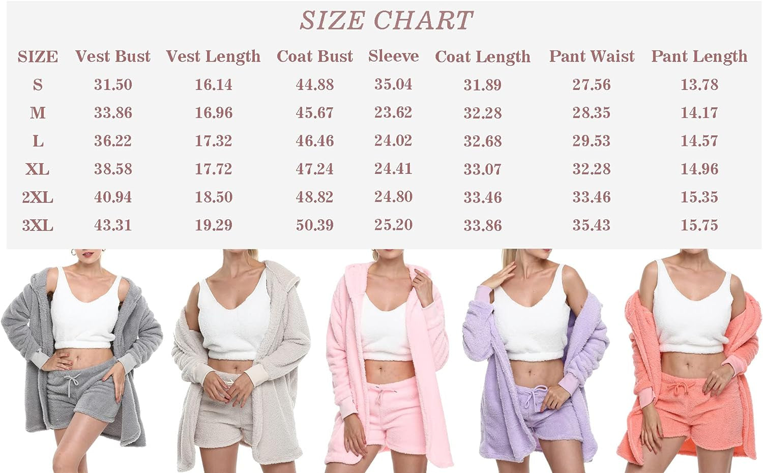 Women'S Fuzzy Fleece Sexy 3 Piece Outfits Pajamas Sherpa Coat Jacket and Spaghetti Strap Crop Top Shorts Set